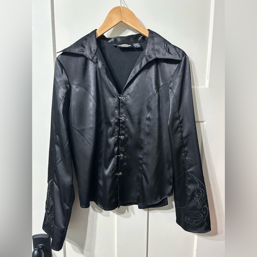HD Harley Davison long sleeve Embroidered Black Satin feel blouse